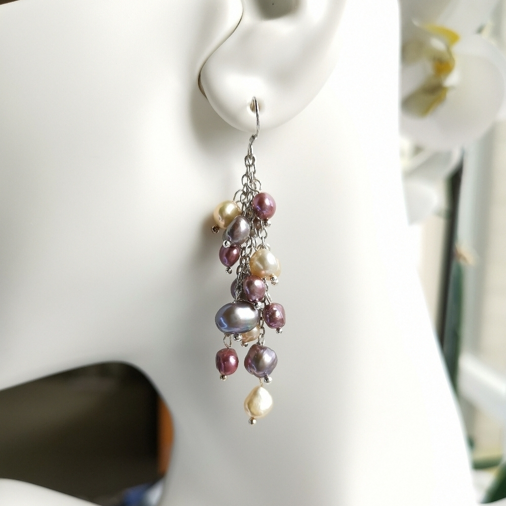 Multi mix Grey Lavender Yellow Freshwater Pearl cluster dangle earrings